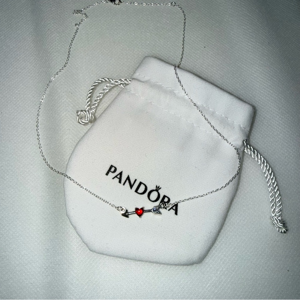 Pandora Silver Arrow Necklace with Red Heart